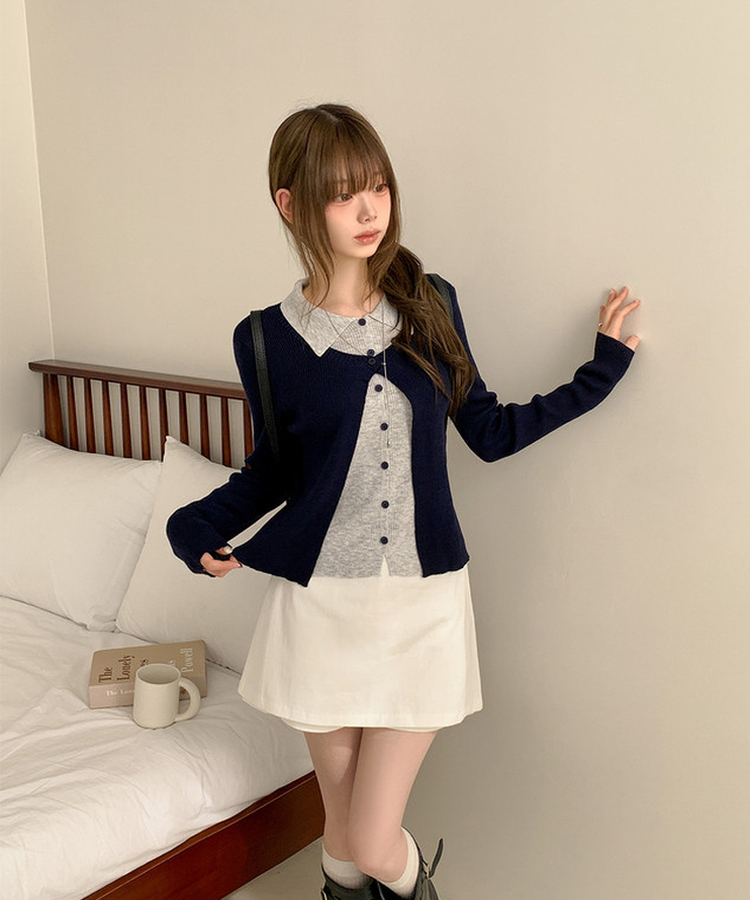 一体型ボタン長袖リブニットカーディガン NAVY