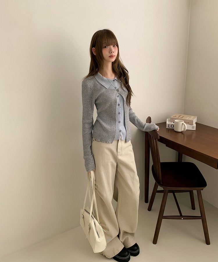 一体型ボタン長袖リブニットカーディガン SKY BLUE