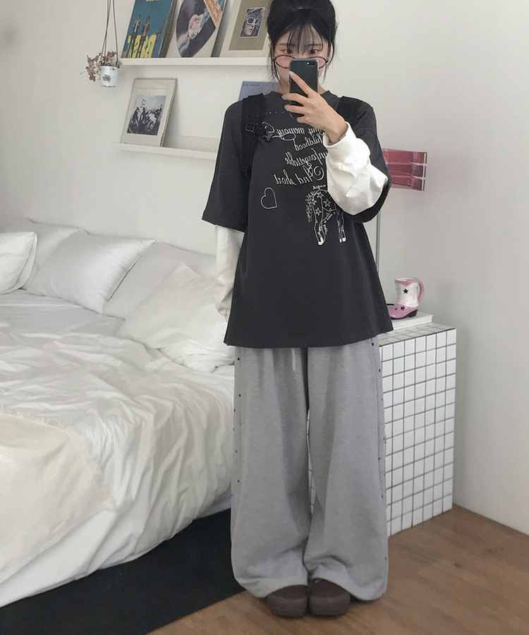 컨느 사이드 도트 스타 패턴 밴딩 절개 와이드 트레이닝 팬츠 봄신상 봄팬츠 멜란지그레이