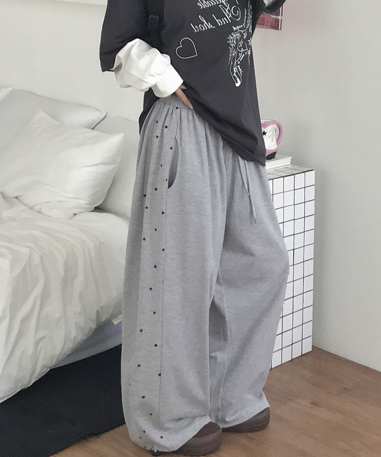 컨느 사이드 도트 스타 패턴 밴딩 절개 와이드 트레이닝 팬츠 봄신상 봄팬츠 멜란지그레이
