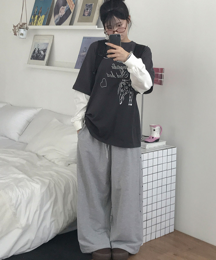 컨느 사이드 도트 스타 패턴 밴딩 절개 와이드 트레이닝 팬츠 봄신상 봄팬츠 멜란지그레이