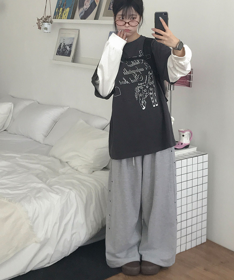 컨느 사이드 도트 스타 패턴 밴딩 절개 와이드 트레이닝 팬츠 봄신상 봄팬츠 멜란지그레이