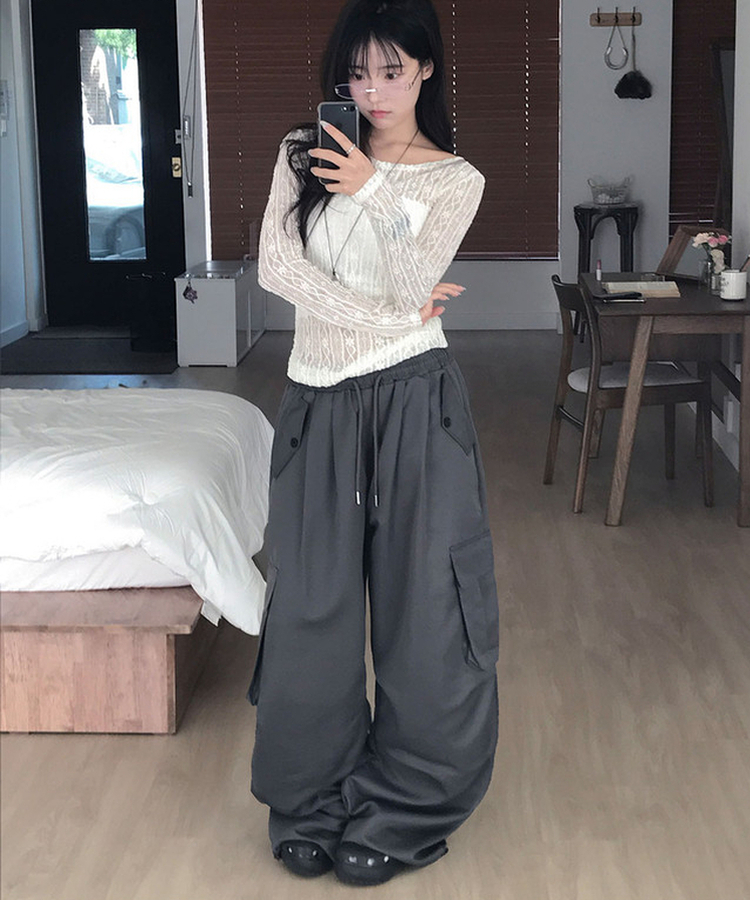가 다임 패러슈트 핀턱 카고 포켓 와이드 밴딩 팬츠 봄신상 봄팬츠 데일리 차콜