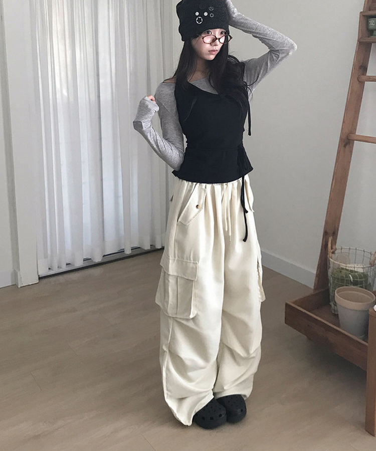 가 다임 패러슈트 핀턱 카고 포켓 와이드 밴딩 팬츠 봄신상 봄팬츠 데일리 아이보리