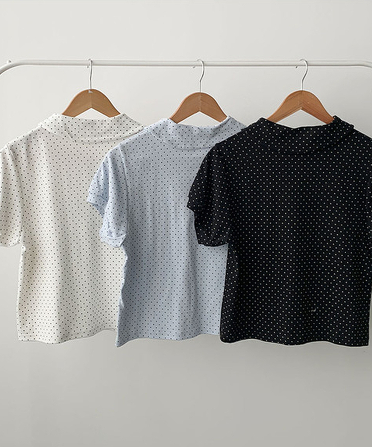 슈가 라운드 카라 도트 셔링 버튼 퍼프 반팔 티셔츠 봄신상 데이트룩