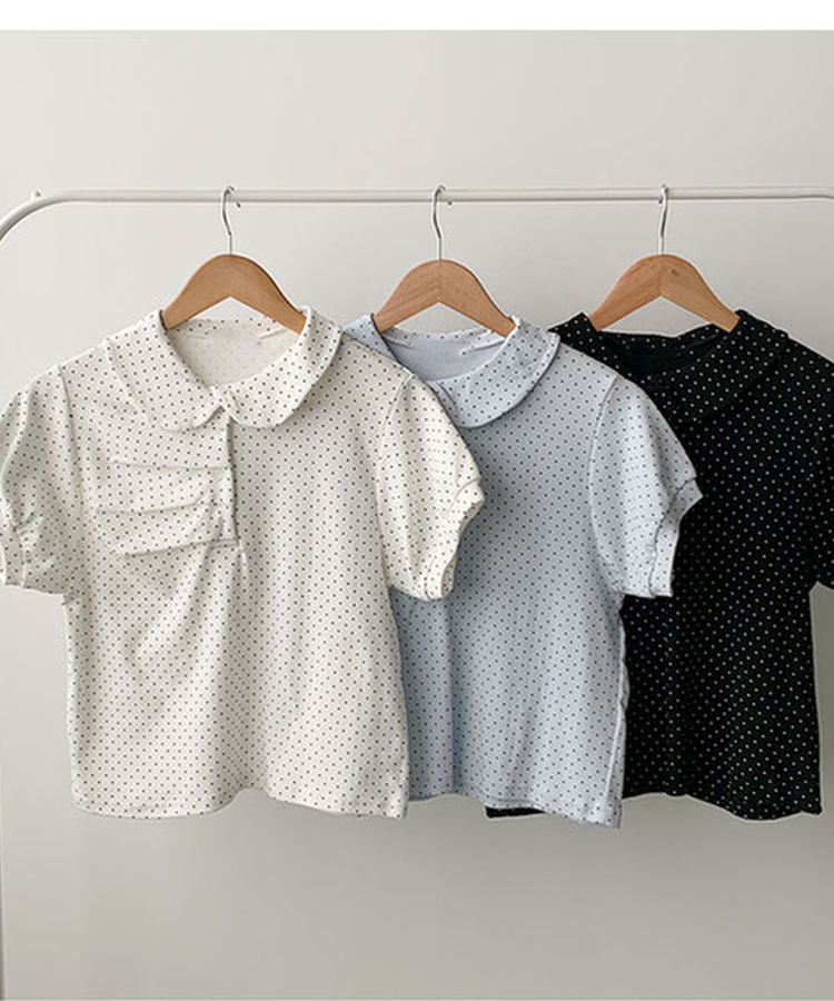 슈가 라운드 카라 도트 셔링 버튼 퍼프 반팔 티셔츠 봄신상 데이트룩