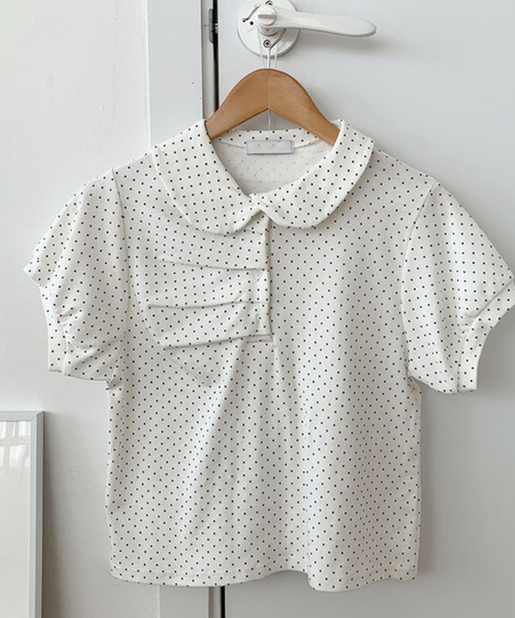 슈가 라운드 카라 도트 셔링 버튼 퍼프 반팔 티셔츠 봄신상 데이트룩