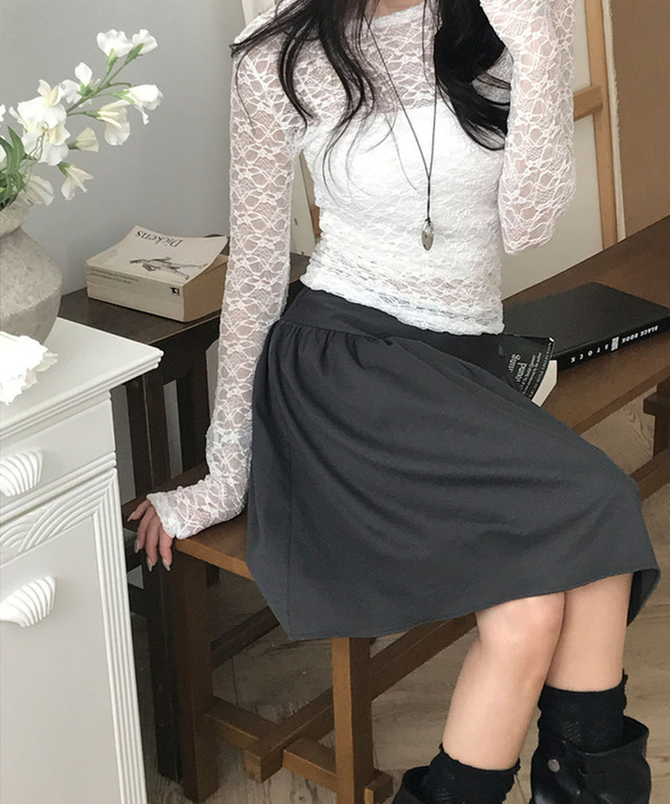 온미 시스루 레이스 라운드넥 긴팔 티셔츠 화이트