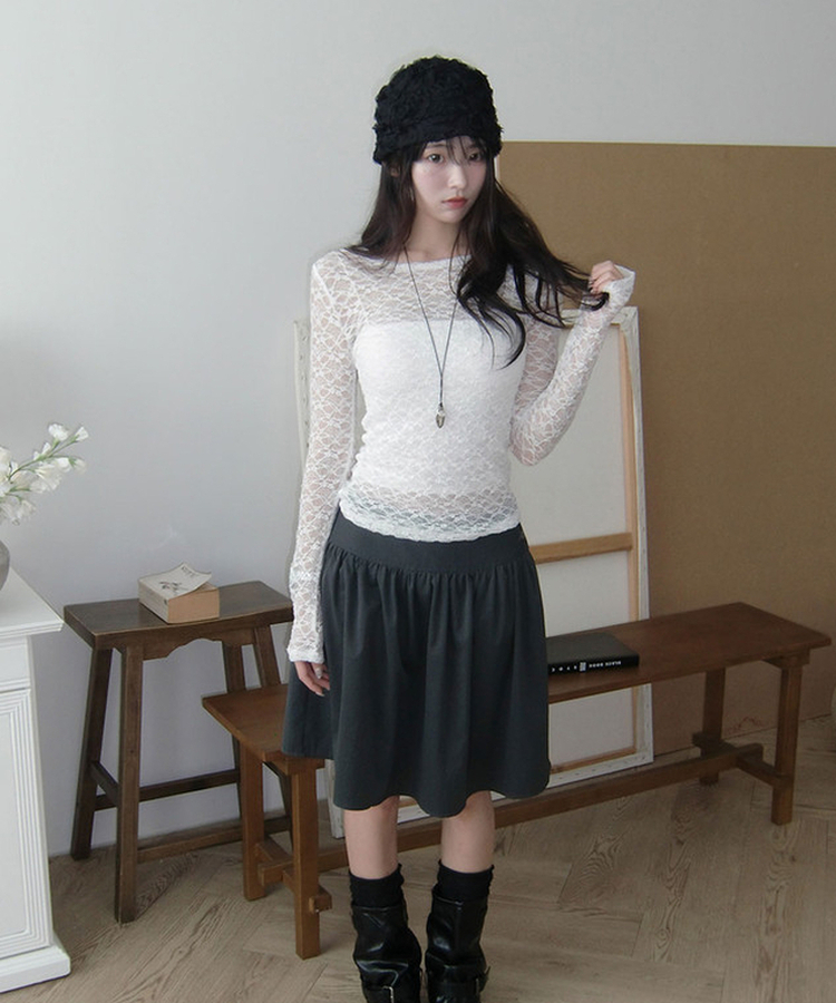 온미 시스루 레이스 라운드넥 긴팔 티셔츠 화이트