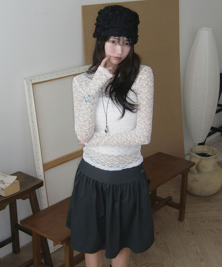 온미 시스루 레이스 라운드넥 긴팔 티셔츠 화이트