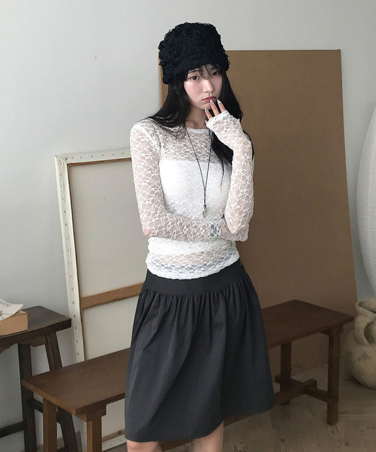 온미 시스루 레이스 라운드넥 긴팔 티셔츠 화이트