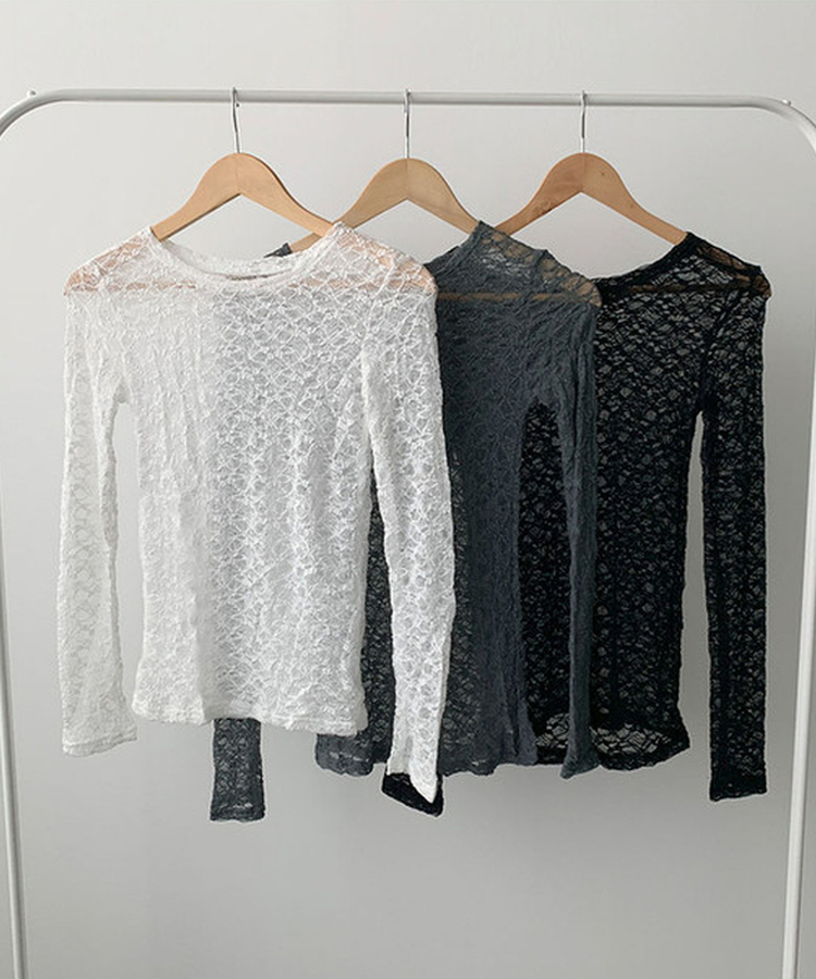 온미 시스루 레이스 라운드넥 긴팔 티셔츠