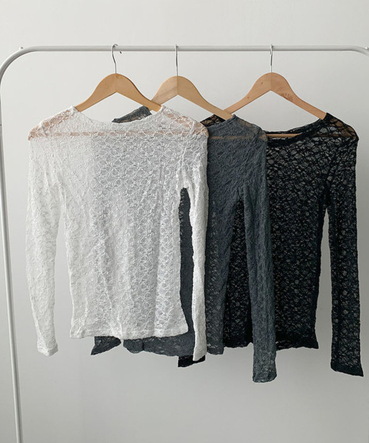 온미 시스루 레이스 라운드넥 긴팔 티셔츠