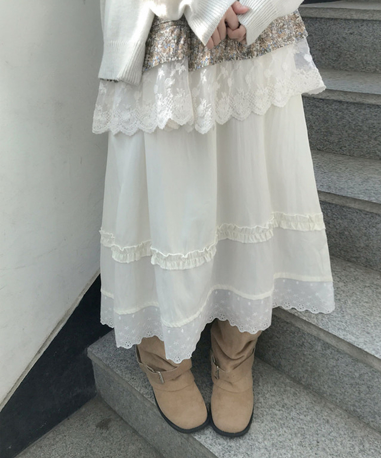 제크 프릴 레이스 밴딩 펀칭 롱 플레어 스커트 데이트룩 벚꽃룩 벚꽃 봄신상 베이지