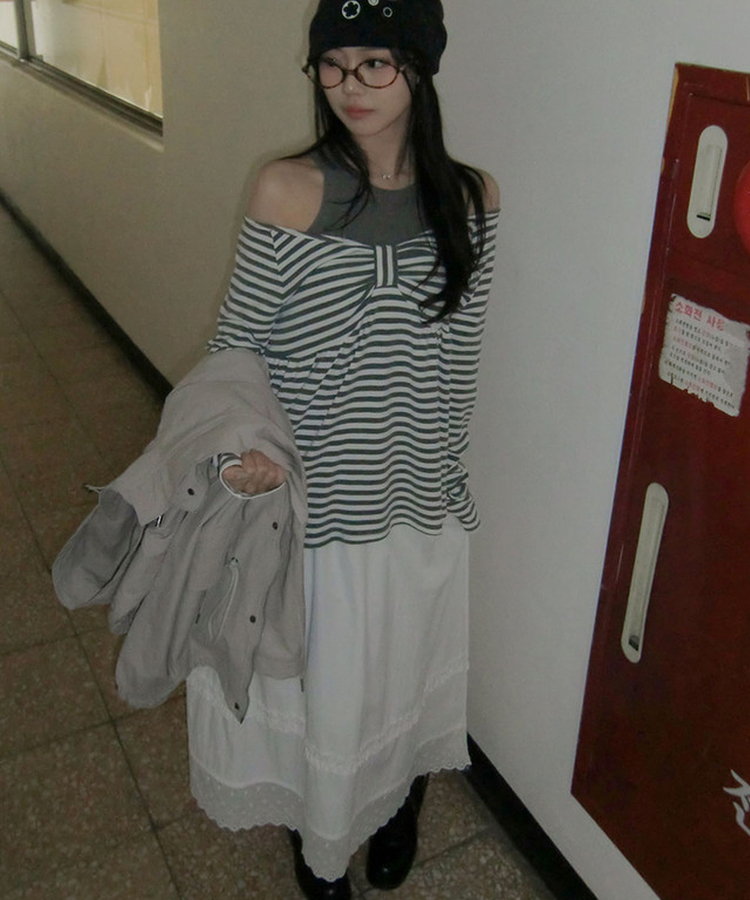 제크 프릴 레이스 밴딩 펀칭 롱 플레어 스커트 데이트룩 벚꽃룩 벚꽃 봄신상 화이트