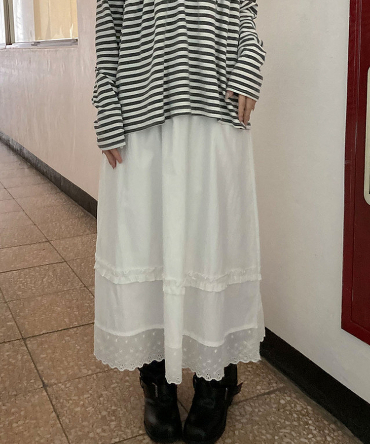 제크 프릴 레이스 밴딩 펀칭 롱 플레어 스커트 데이트룩 벚꽃룩 벚꽃 봄신상 화이트
