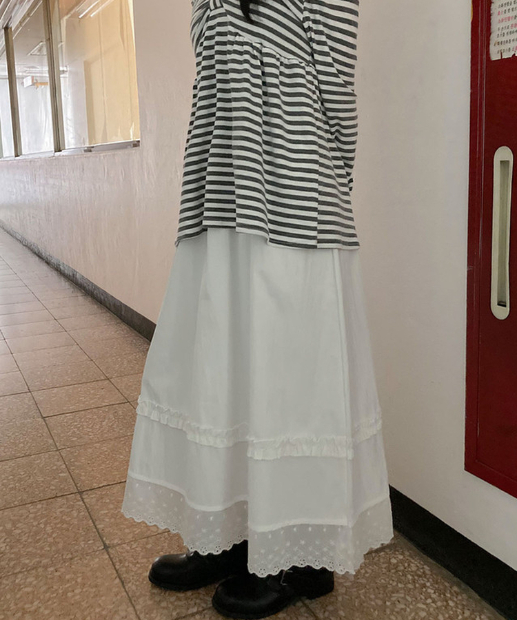 제크 프릴 레이스 밴딩 펀칭 롱 플레어 스커트 데이트룩 벚꽃룩 벚꽃 봄신상 화이트