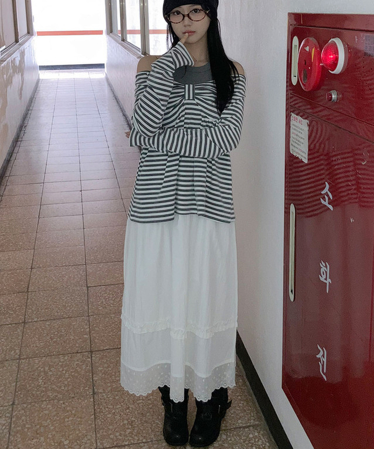 제크 프릴 레이스 밴딩 펀칭 롱 플레어 스커트 데이트룩 벚꽃룩 벚꽃 봄신상 화이트