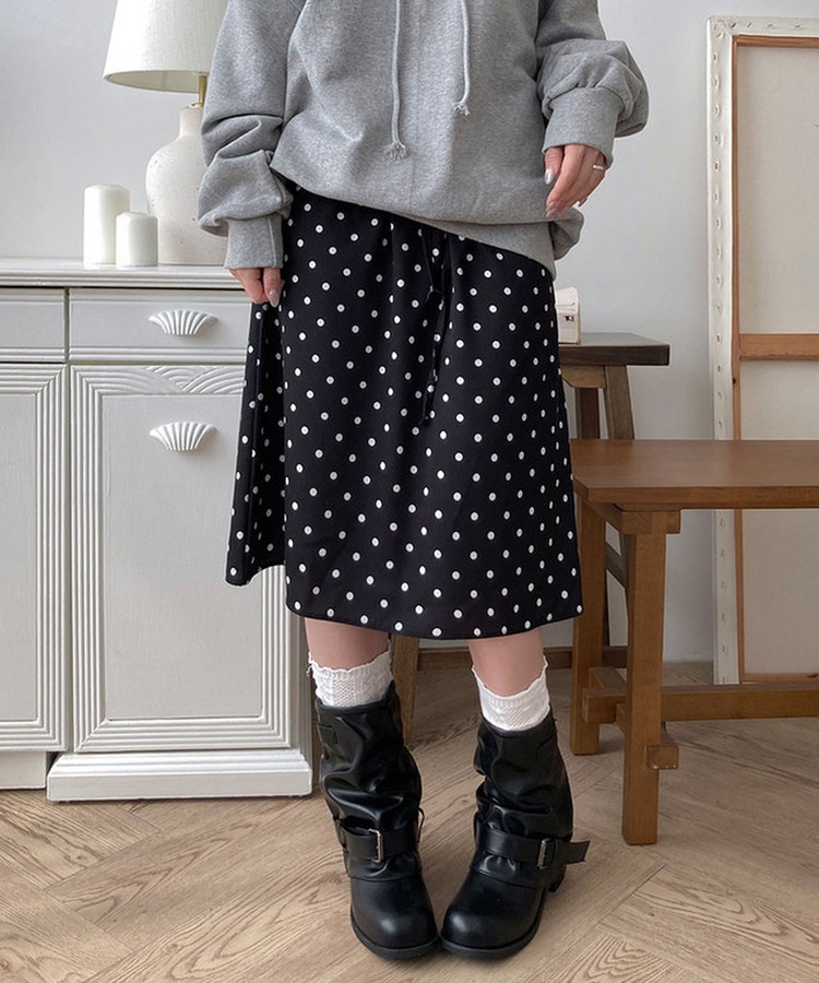 ドットバンディングフリルミディスカート BLACK