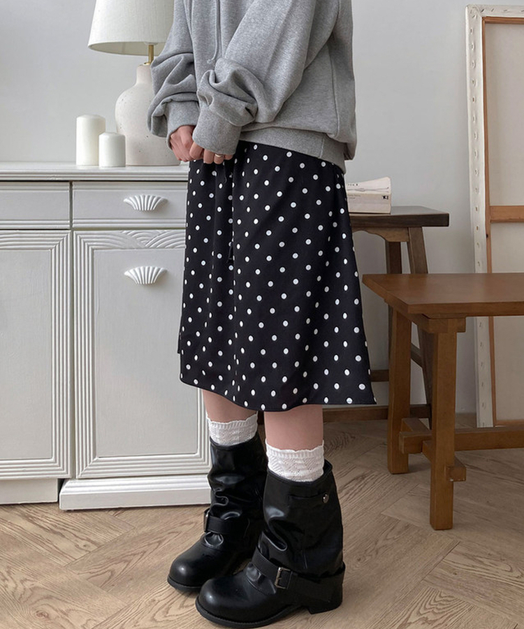 ドットバンディングフリルミディスカート BLACK