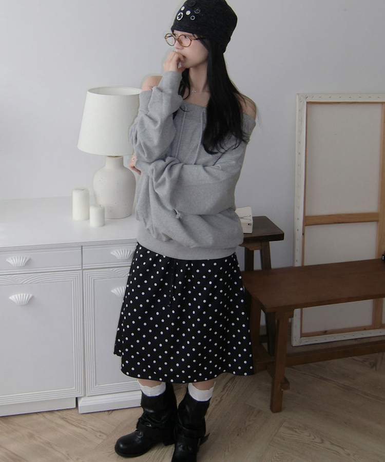 ドットバンディングフリルミディスカート BLACK