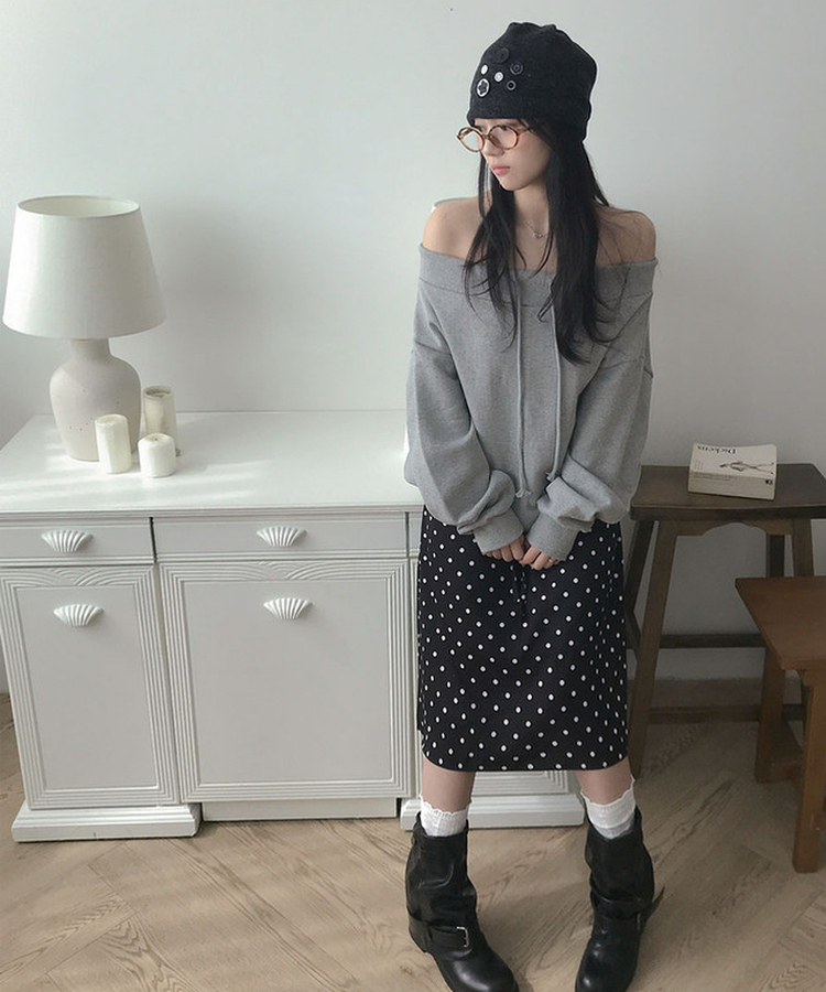 ドットバンディングフリルミディスカート BLACK