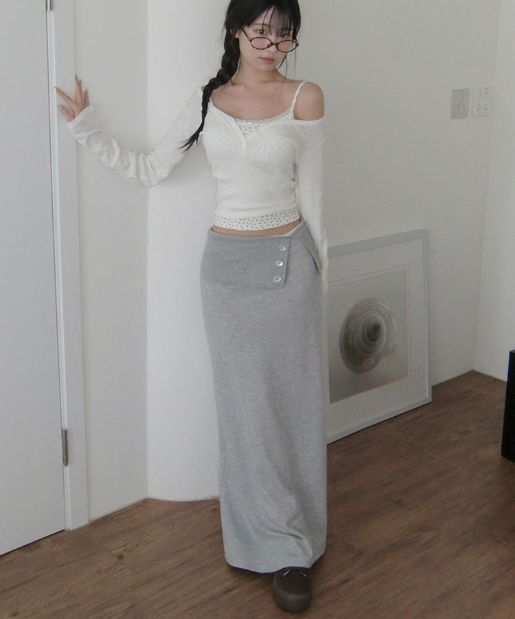 캔츄 폴딩 밴딩 버튼 코튼 롱 스커트 멜란지그레이