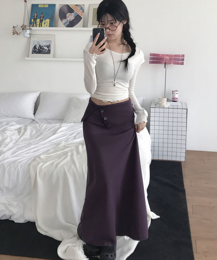 캔츄 폴딩 밴딩 버튼 코튼 롱 스커트 퍼플