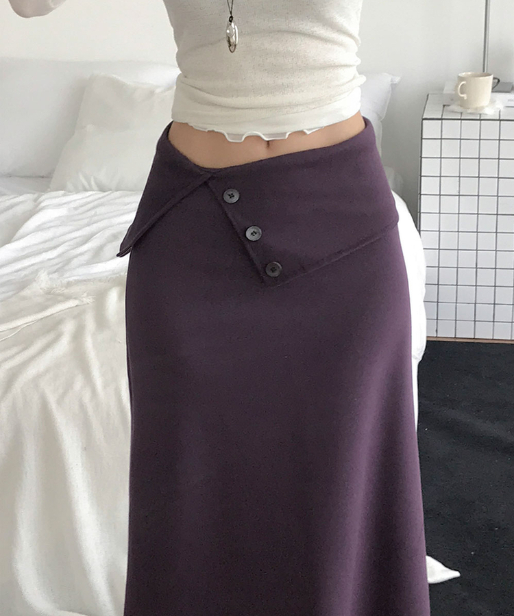 캔츄 폴딩 밴딩 버튼 코튼 롱 스커트 퍼플