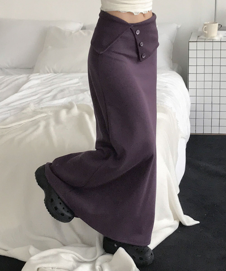 캔츄 폴딩 밴딩 버튼 코튼 롱 스커트 퍼플