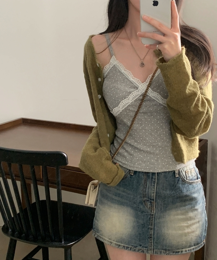 레이스 슬리브리스 끈나시 3color 그레이