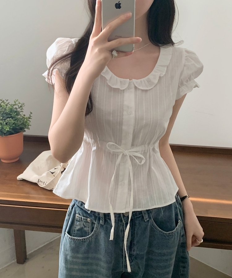 프릴 리본 셔링 퍼프 블라우스 아이보리