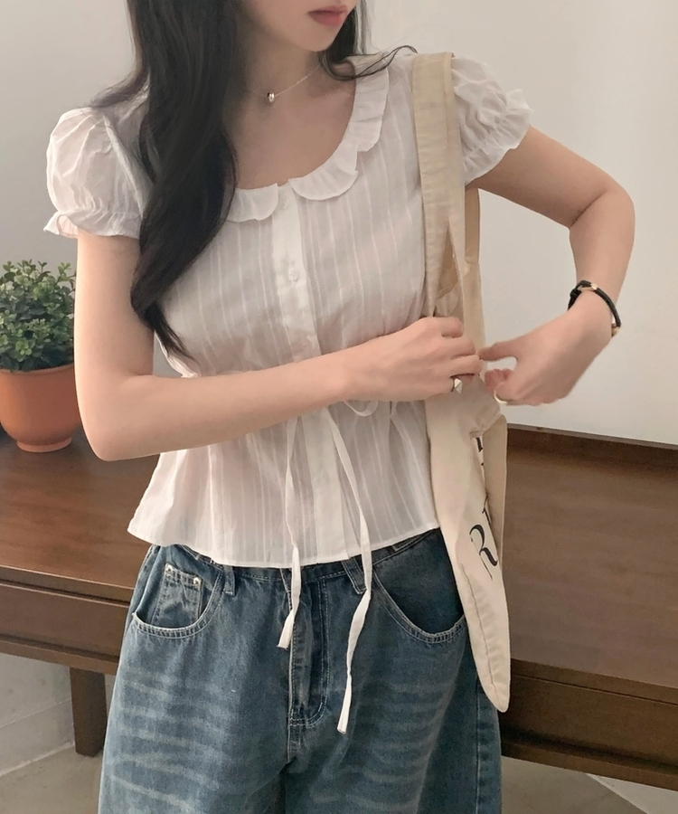 프릴 리본 셔링 퍼프 블라우스 아이보리