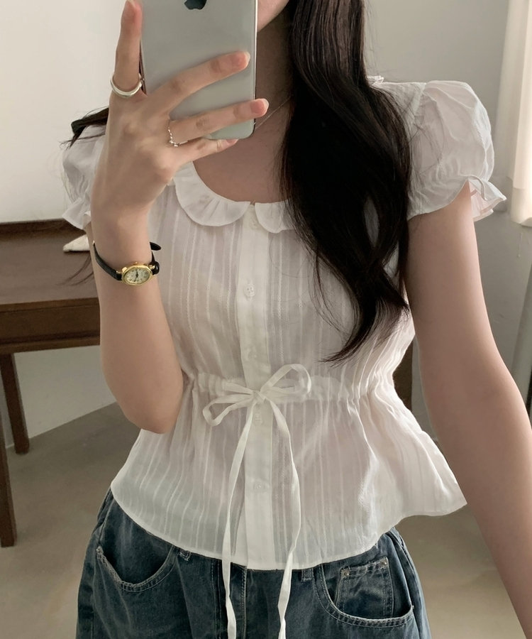 프릴 리본 셔링 퍼프 블라우스 아이보리