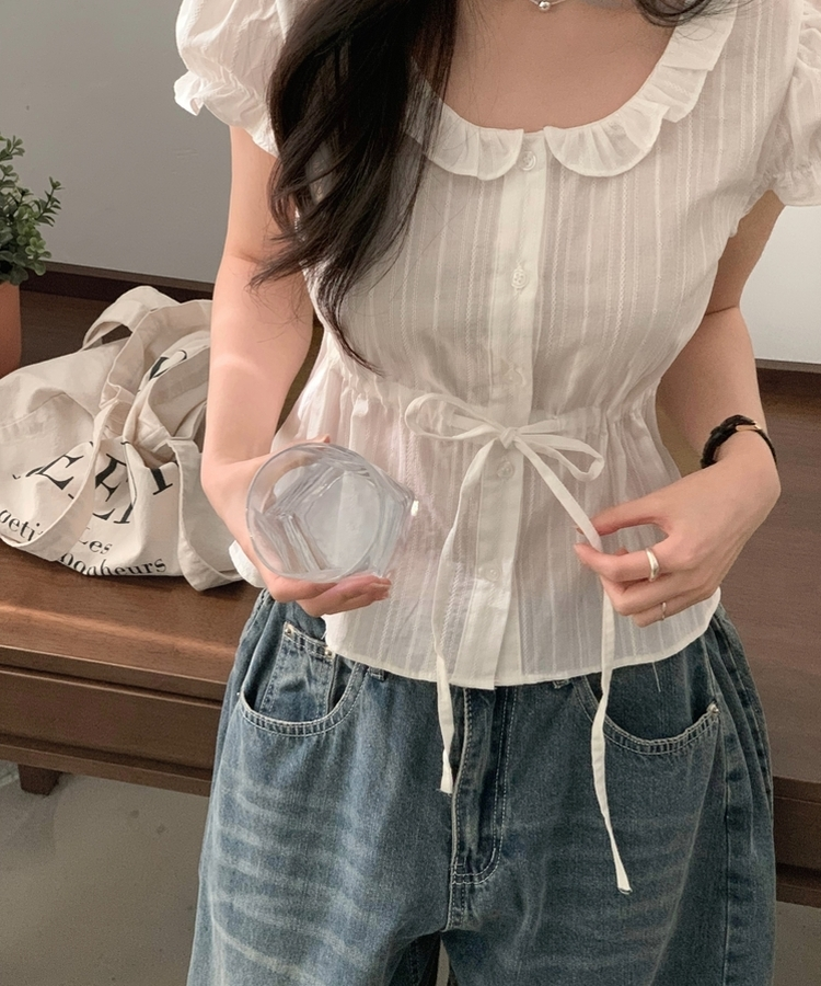 프릴 리본 셔링 퍼프 블라우스 아이보리