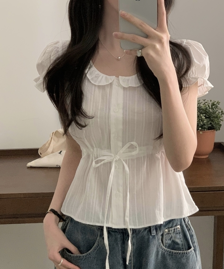 프릴 리본 셔링 퍼프 블라우스 아이보리