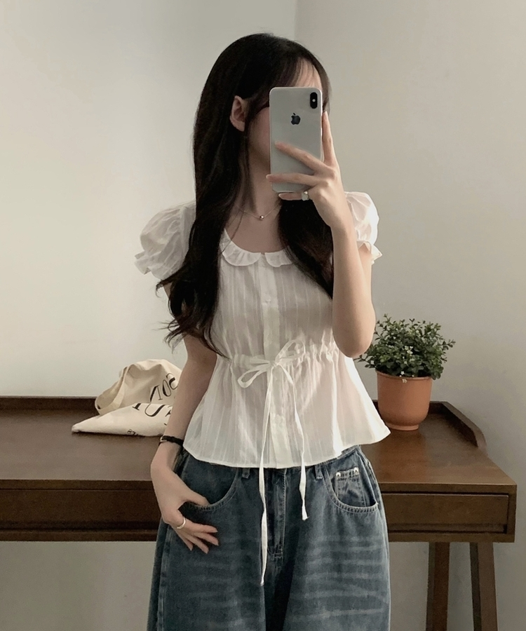 프릴 리본 셔링 퍼프 블라우스 아이보리
