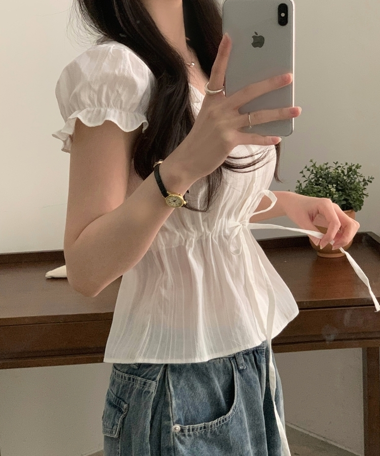 프릴 리본 셔링 퍼프 블라우스 아이보리