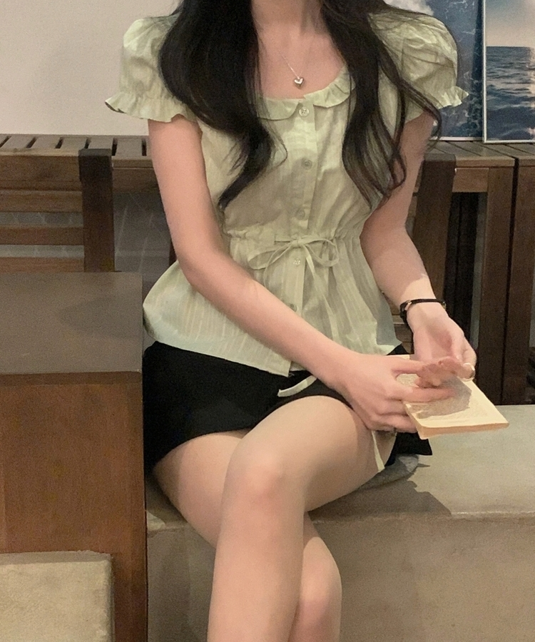프릴 리본 셔링 퍼프 블라우스 민트