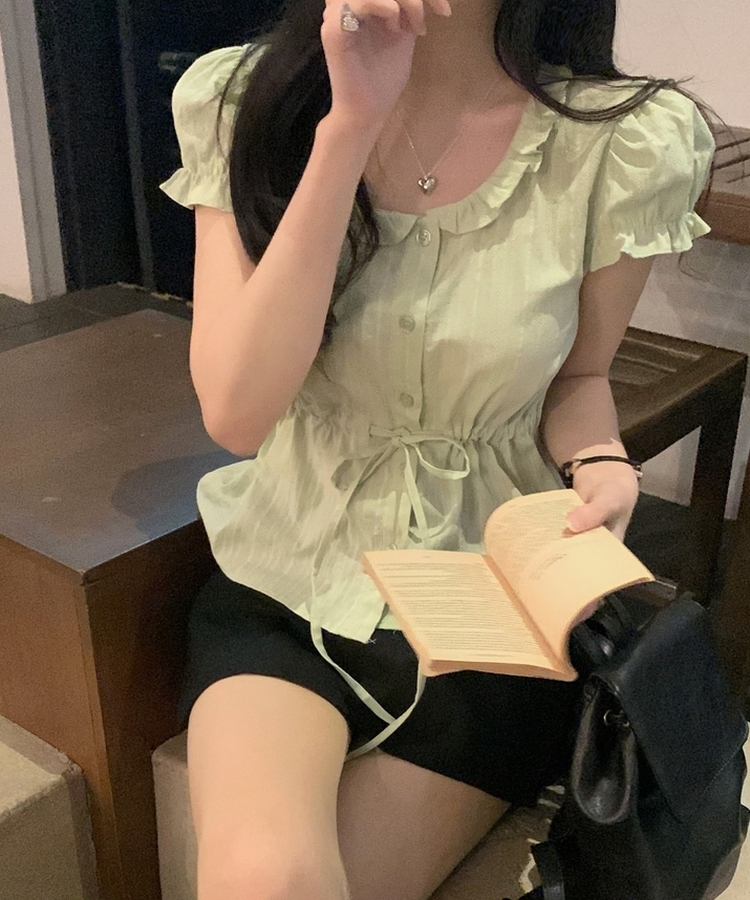프릴 리본 셔링 퍼프 블라우스 민트
