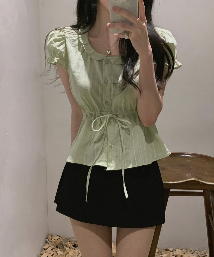 프릴 리본 셔링 퍼프 블라우스 민트
