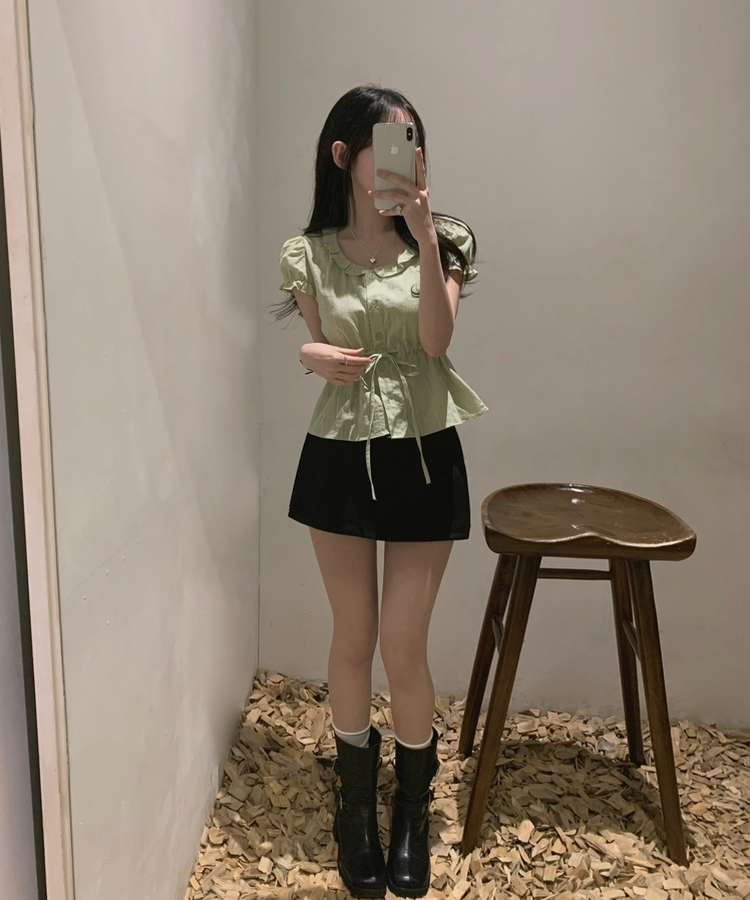 프릴 리본 셔링 퍼프 블라우스 민트