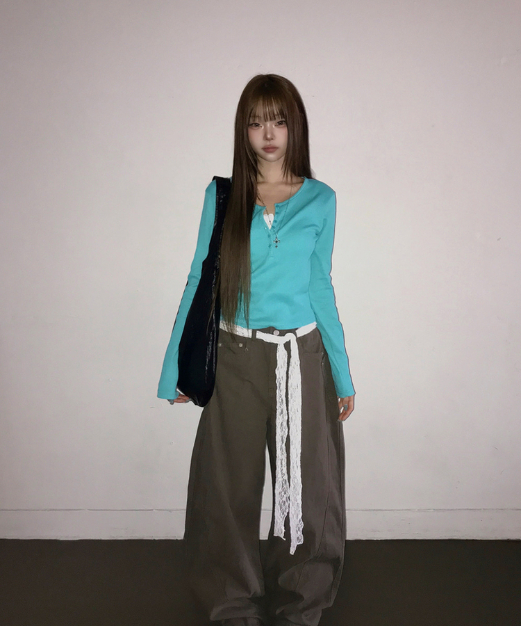 ヘンリーネックボタンワッフル長袖Tシャツ(5color) AQUA BLUE