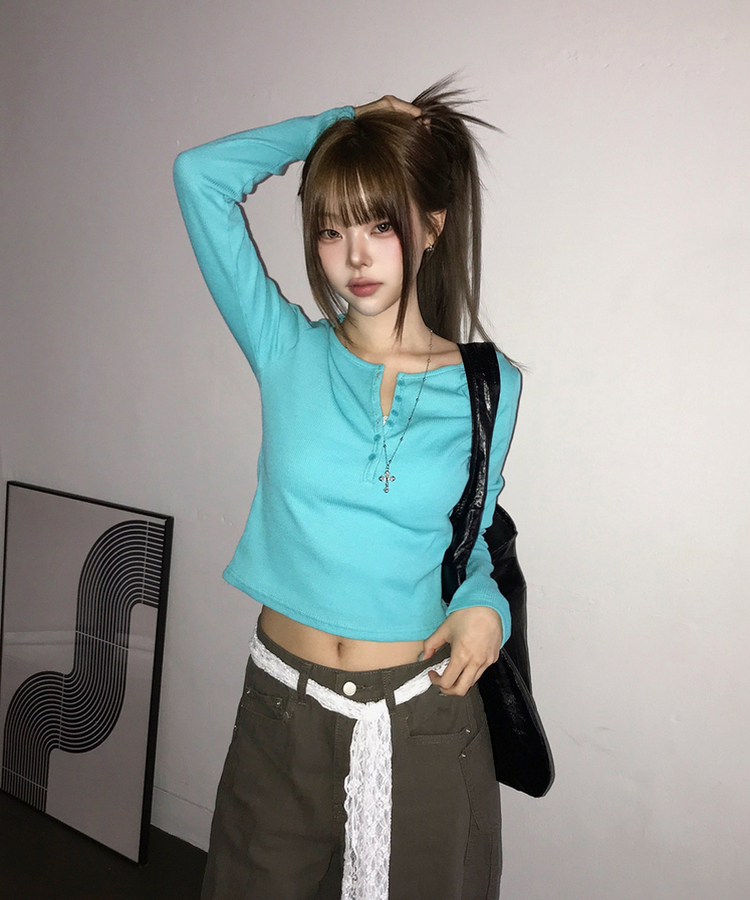 ヘンリーネックボタンワッフル長袖Tシャツ(5color) AQUA BLUE