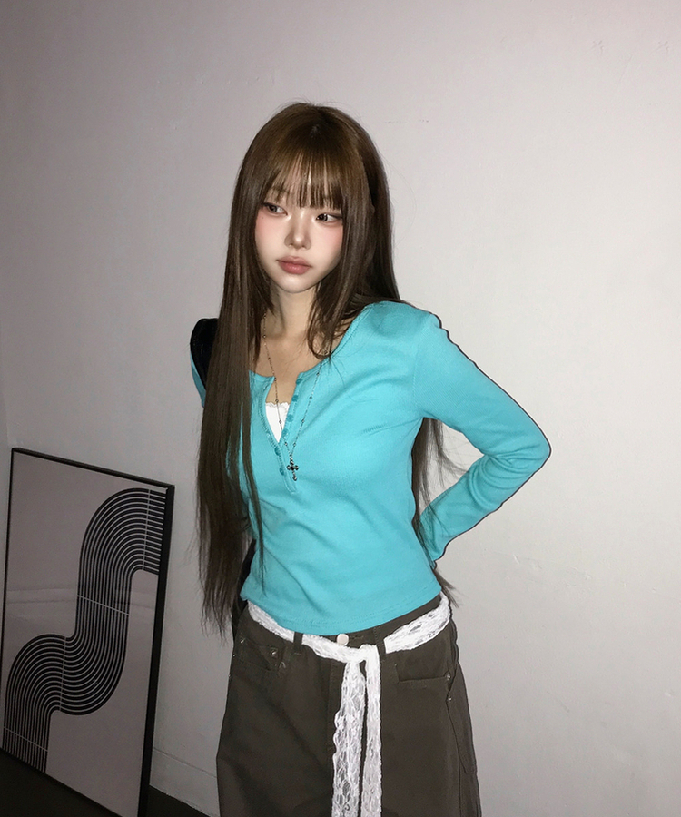 ヘンリーネックボタンワッフル長袖Tシャツ(5color) AQUA BLUE