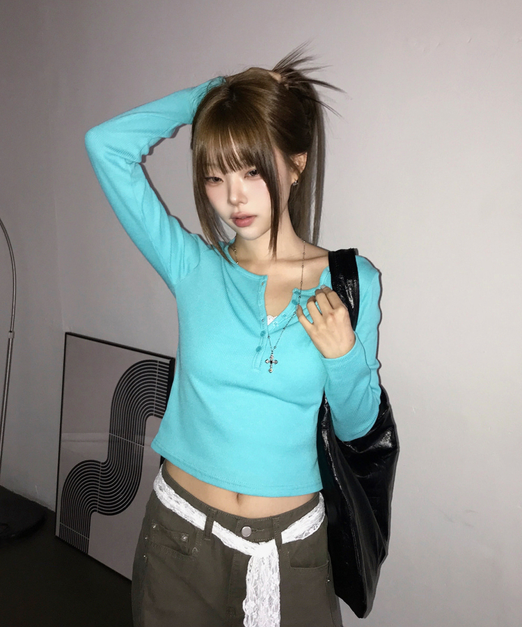 ヘンリーネックボタンワッフル長袖Tシャツ(5color) AQUA BLUE