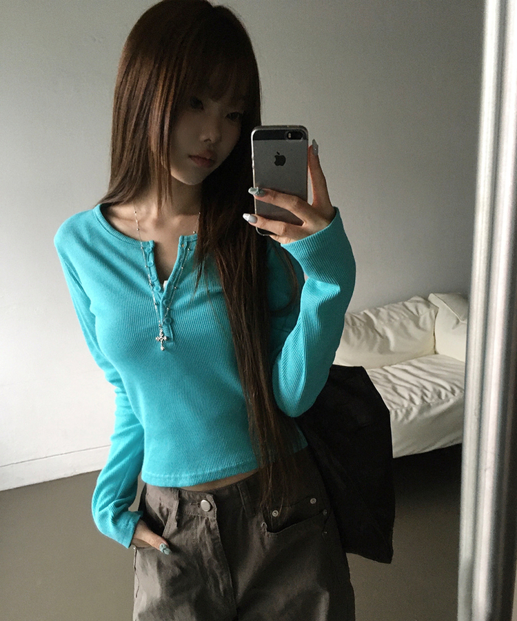 ヘンリーネックボタンワッフル長袖Tシャツ(5color) AQUA BLUE