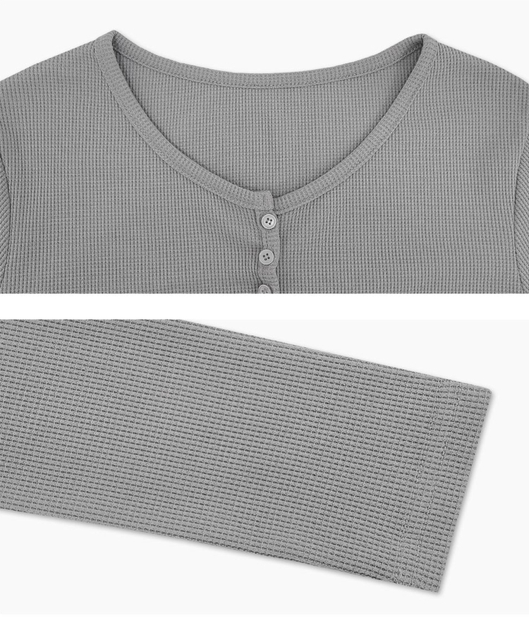 ヘンリーネックボタンワッフル長袖Tシャツ(5color)
