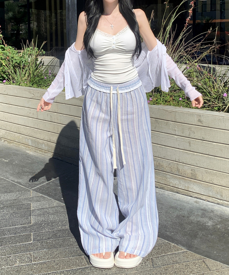 핀트 스트라이프 프릴 와이드 팬츠 레이스 밴딩 바지 끈조절 리본 롱팬츠 하체커버 하비추천 체형커버 데일리룩 봄신상봄팬츠 소라