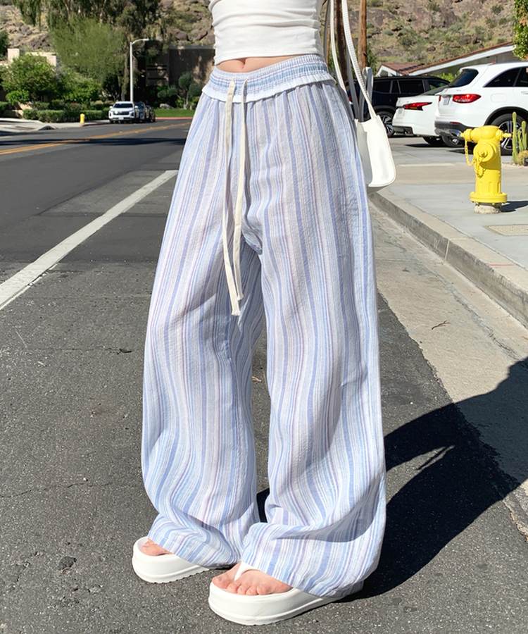핀트 스트라이프 프릴 와이드 팬츠 레이스 밴딩 바지 끈조절 리본 롱팬츠 하체커버 하비추천 체형커버 데일리룩 봄신상봄팬츠 소라